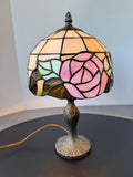 Small Tiffany Style Stained Glass Pink Rose Lamp (WORKS)