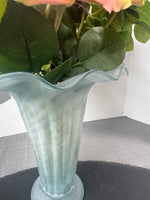 Faux Pink Florals in Frosted Ruffle Edged Glass Vase