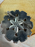 Smoky Gray Rhinestone & Black Cabochon Floral Brooch