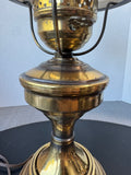 Quoizel Style Vintage Brass Hurricane Lamp with Floral Etched Glass Shade (WORKS)