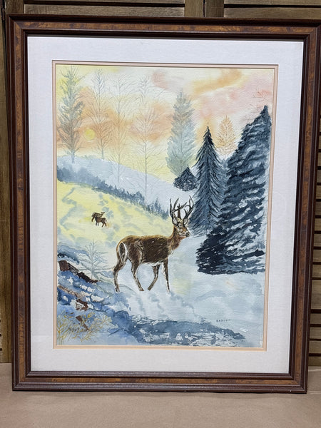 Watercolor of Landcape/Deer ; Signed Sagreco