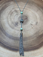 Silver Tone Necklace with Green Beads & Tassel
