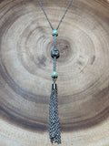 Silver Tone Necklace with Green Beads & Tassel