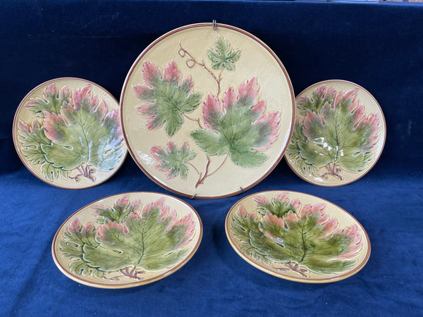 Vintage Majolica Germany Grape Leaf Plates, 5 Pieces