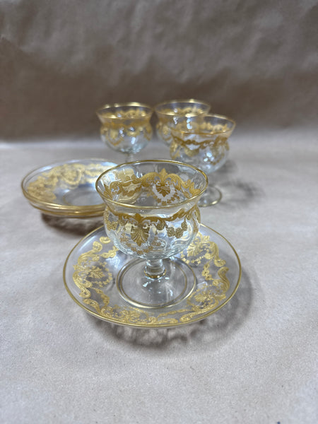 Gold Gilt French Style Sherbet Desert Glasses And Saucers — 8 Pieces