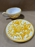 (A) Yellow Hand Painted Soup Bowl With Plate — Made In Italy