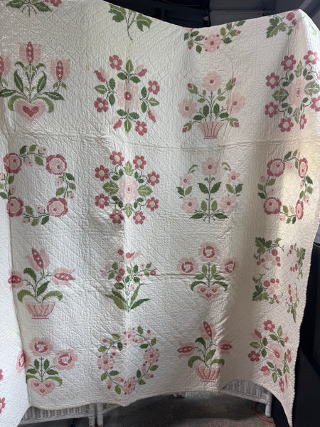 (B) Pink & Green Floral Cross Stitch Hand Made Vintage Quilt