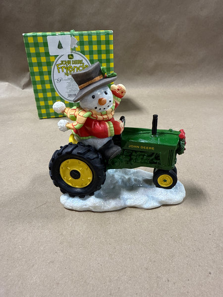 Waving Snowman On John Deer Tractor With Box