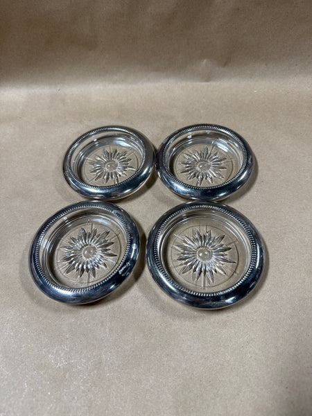 Set Of 4 Leonard Silverplate Rimmed Starburst Glass Coasters // 2 Sets Available // *** PRICED INDIVIDUALLY ***