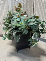 Faux Magnolia Bud & Greenery Arrangement in Textured Metal Planter