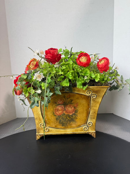 Faux Ranunculus Arrangement in Metal Planter