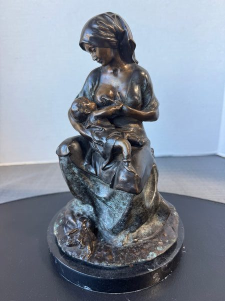 M. Smith Signed Bronze Plated Breastfeeding Mother Sculpture on Marble Base