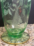 Large Uranium Glass Vase with Etching & Gold Trim