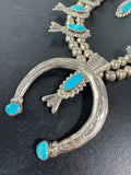 Hand Made Native American Navajo Silver Tone Turquoise Squash Blossom Necklace & Clip Earrings Set