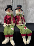 Pair of Folk Country Style Sitting Snowmen with Dangling Legs