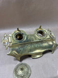 Ornate Brass Desktop Double Inkwell Set - Made In Belgium // READ DESCRIPTION