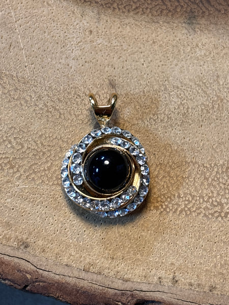 Gold Tone Pendant with Faux Diamonds & Black Bead