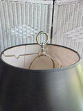 Pair of Baldwin Style Brushed Nickel Large Candlestick Table Lamps with Black Shades (WORKS)