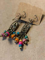 Gold Tone Earrings with Flower Design & Colorful Beads