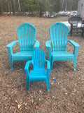 Teal Plastic Adirondack Chairs (2) with Kids Chair