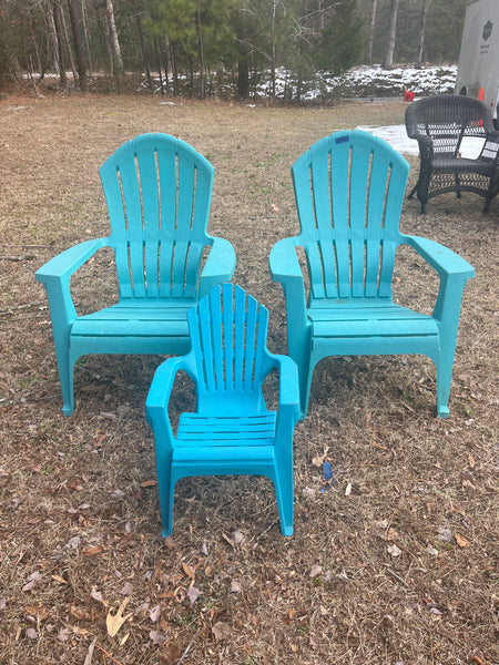 Teal Plastic Adirondack Chairs (2) with Kids Chair