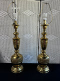 Pair of James Mont Asian Inspired Embossed Brass Table Lamps (WORKS)