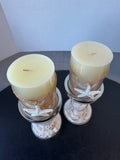 Pair of Pier 1 Imports Glass Seashell Pillar Candle Holders with Candles