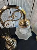 Pair of Victorian Style Brass Tone Dual Arm Vintage Lamps with Frosted Shades (WORKS)