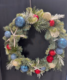Shells & Ball Ornaments Faux Fir Beachy Christmas Wreath with Lights (WORKS)