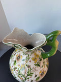 Large Italian Style Crackled Ceramic Floral Pitcher Vase