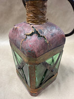 Italian Style Green Glass Decanter Wrapped In Leather With Handle READ DESCRIPTION