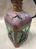 Italian Style Green Glass Decanter Wrapped In Leather With Handle READ DESCRIPTION