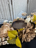 Burlap & Faux Floral Triple Pillar Candle Centerpiece (2 AVAILABLE—PRICED INDIVIDUALLY AT $15 EACH)