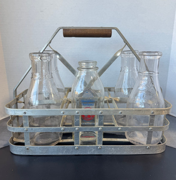 Vintage Metal Milk Bottle Carrier with 5 Glass Milk Bottles