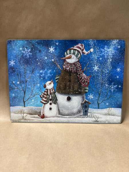 (B) Small Christmas Snowmen Glass Cutting Board
