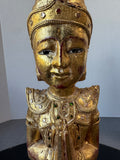 Praying Burmese Mandalay Style Gilded Vintage Wooden Buddha with Glass Inlay (B)