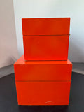 Pair of Galt International Orange Enamel Storage Boxes with Geometric Accent