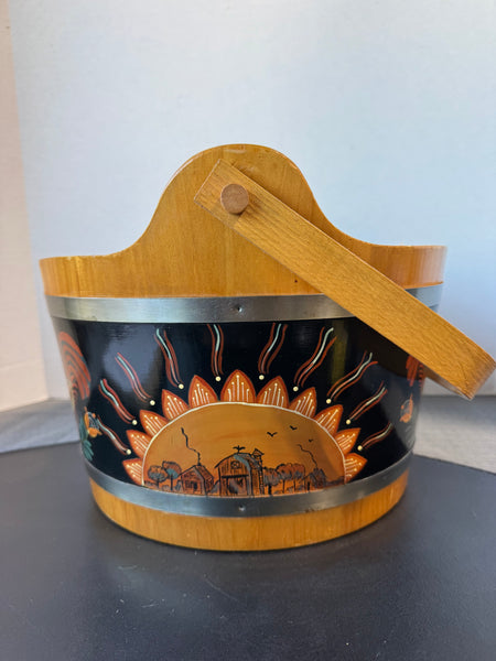 (B) Basketville Rooster Tole Painted Vintage Wooden Apple Bucket