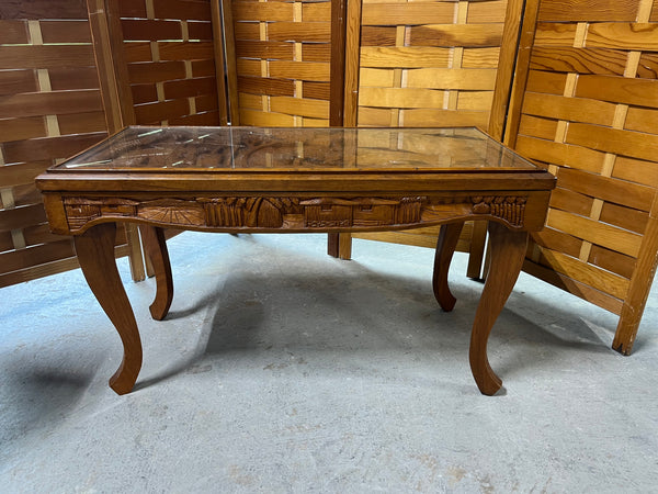 Asian Style Carved Coffee Table with Protective Glass