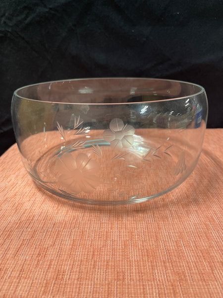 Large Glass Bowl w/Floral Etching, Read Description