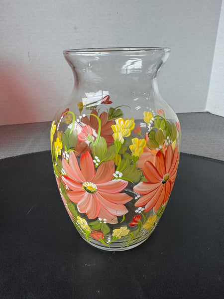 Orange & Yellow Floral Hand Painted Glass Vase
