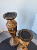 Pair of Bamboo & Wooden Pillar Candle Holders