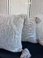 Trio of Grey Beige Throw Pillows with Tassels