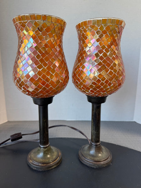 Pair of International Silver Company Amber Mosaic Hurricane Lamps (WORKS)