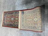 Wilton Runner D, rust/blue/cream tones, 104"x28"