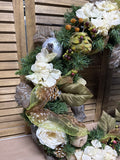 Rustic Woodland Wreath – With Cream Flowers, Pinecones & Greenery