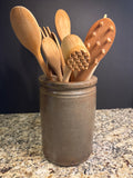 Vintage Crock with Wooden Utensils (see description)