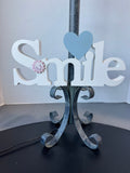 Hand Made Blue Washed Metal Scroll “Smile” Table Lamp (WORKS)