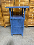 Square Blue Painted Wicker Side Table with Shelves
