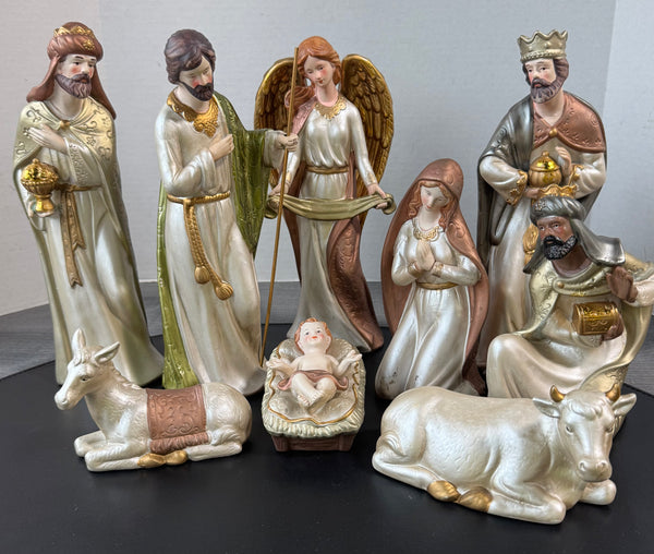 9-Piece Large Pearlesque Painted Bisque Nativity Set